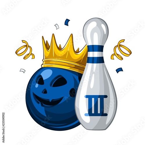 Vector illustration of bowling skittle and halloween blue bowling ball with face in golden crown, isolated on white background. Bowling award for 3st place. Halloween 1.1