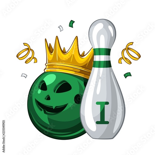 Vector illustration of bowling skittle and halloween green bowling ball with face in golden crown, isolated on white background. Bowling award for 1st place. Halloween 1.1