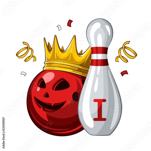 Vector illustration of bowling skittle and halloween red bowling ball with face in golden crown, isolated on white background. Bowling award for 1st place. Halloween 1.1