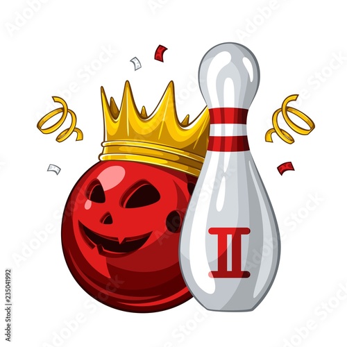 Vector illustration of bowling skittle and halloween red bowling ball with face in golden crown, isolated on white background. Bowling award for 2st place. Halloween 1.1
