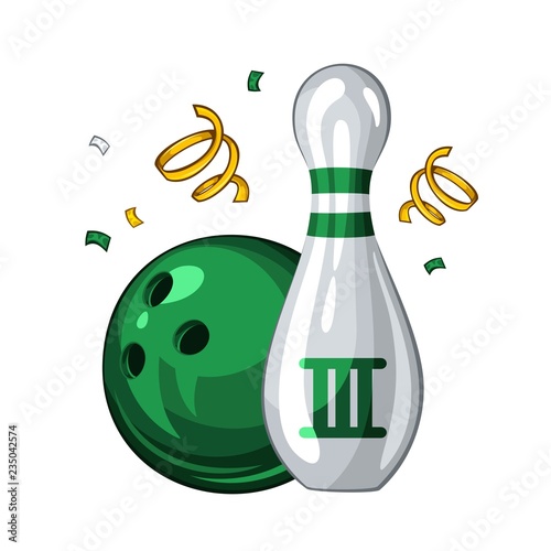 Vector illustration of bowling skittle and green bowling ball for 3st place, isolated on white background. Bowling award 1.1