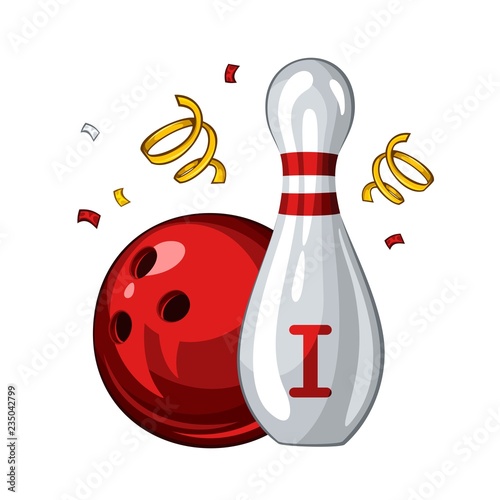 Vector illustration of bowling skittle and red bowling ball for 1st place, isolated on white background. Bowling award 1.1