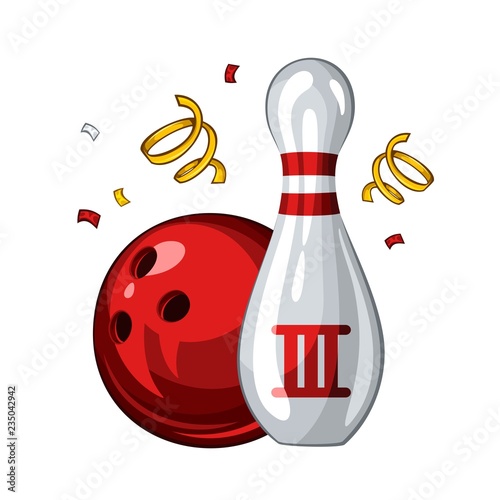 Vector illustration of bowling skittle and red bowling ball for 3st place, isolated on white background. Bowling award 1.1