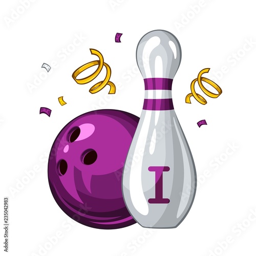 Vector illustration of bowling skittle and violet bowling ball for 1st place, isolated on white background. Bowling award 1.1