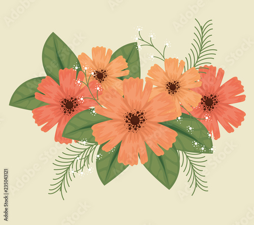 cute flowers with petals and leaves branches