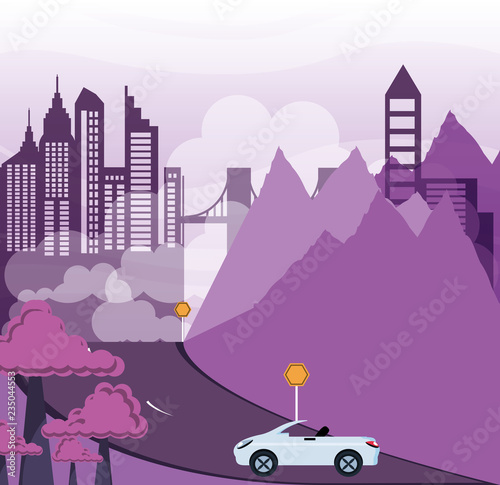 cityscape with buildings and cart