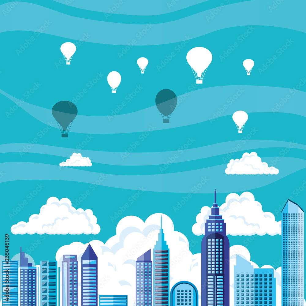 cityscape with buildings and balloons air hot flying