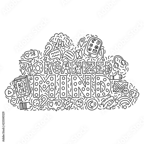 Organized mind. Concept illustration with lettering and doodles