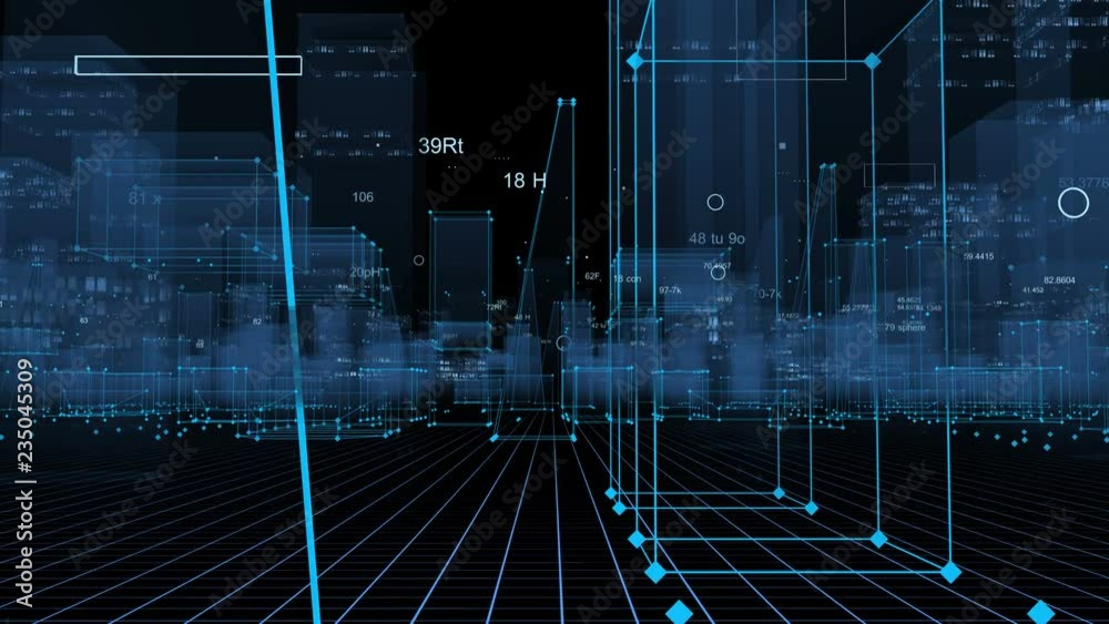 Technological digital background consisting of a futuristic city with data. looped
