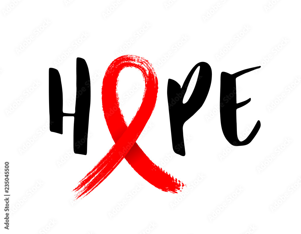 Hope with red ribbon in brush style. World AIDS Day. Aids Awareness icon design for poster, banner, t-shirt. illustration isolated on white background. Hope with red ribbon in brush style. World AIDS Day. Aids Awareness icon design for poster, banner, t-shirt. illustration isolated on white background.