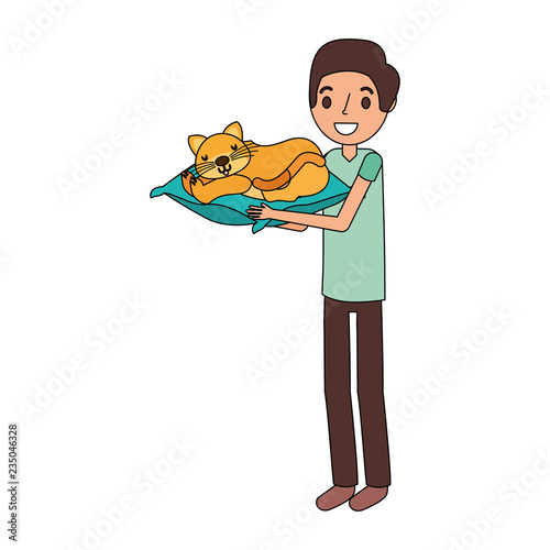 man holding cat with cushion