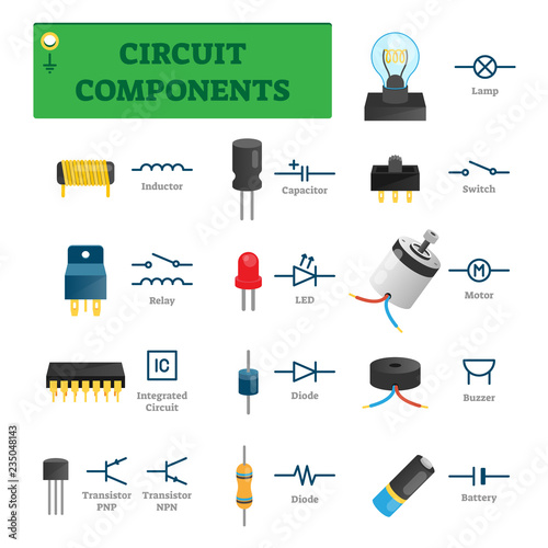 Circuit components vector illustration. List with isolated electric symbols