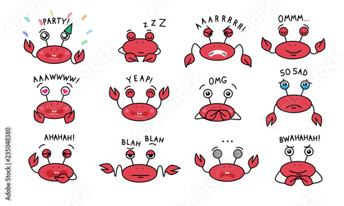 vector set of emotional crabs, collection of cute crabs for stickers photo