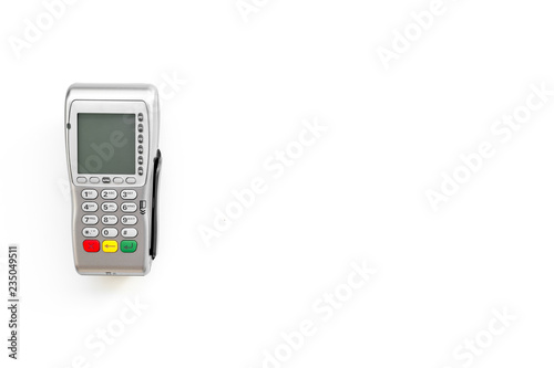 Payment terminal, compact POS terminal on white background top view copy space