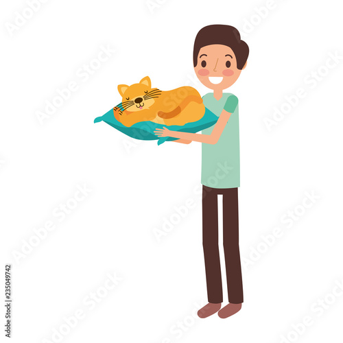 man holding cat with cushion