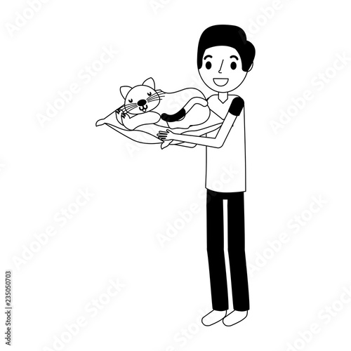 man holding cat with cushion