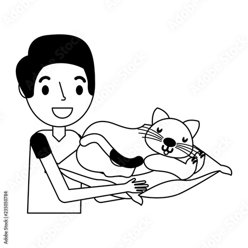 man holding cat with cushion