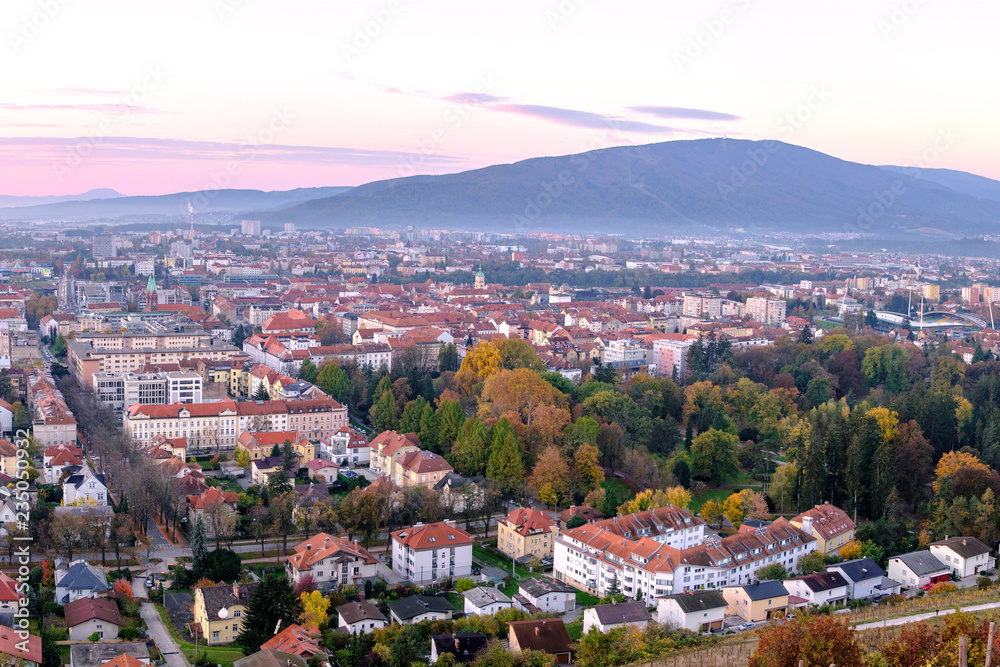 Scenic aerial view of sunrise in old historic touristic town Maribor in Slovenia