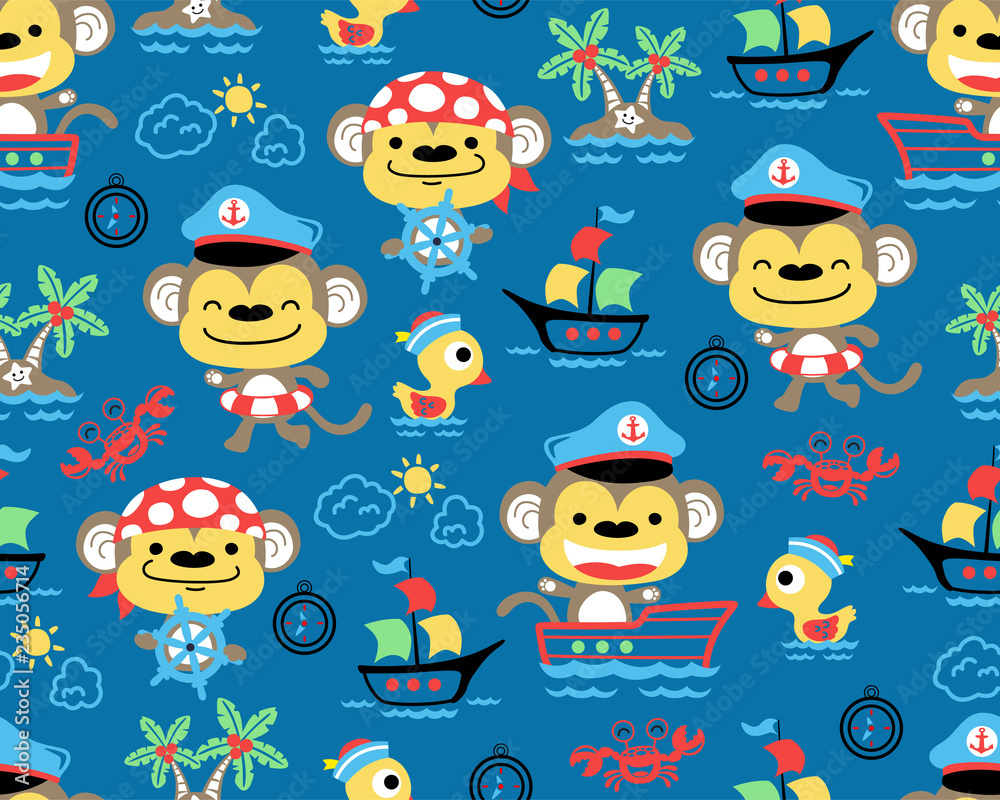 Vector of seamless pattern with monkeys cartoon on sailing theme set.