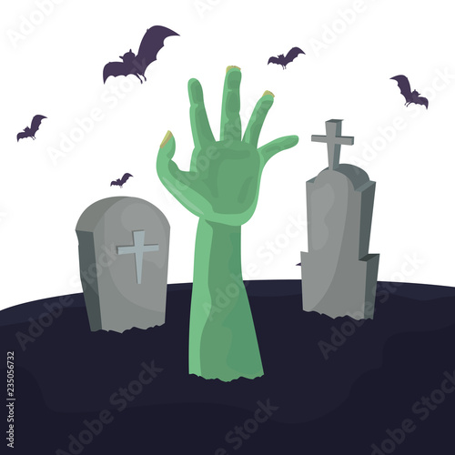 halloween gravestone monster hand and bats