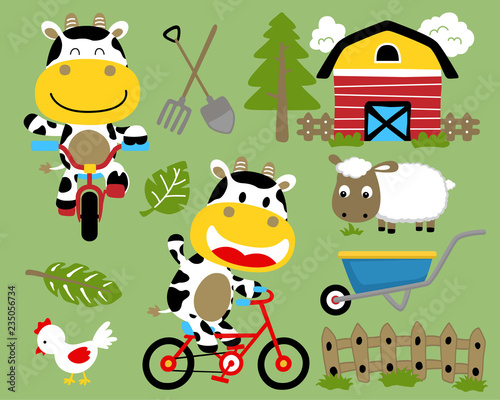 vector illustration set of funny cow cartoon in farmland