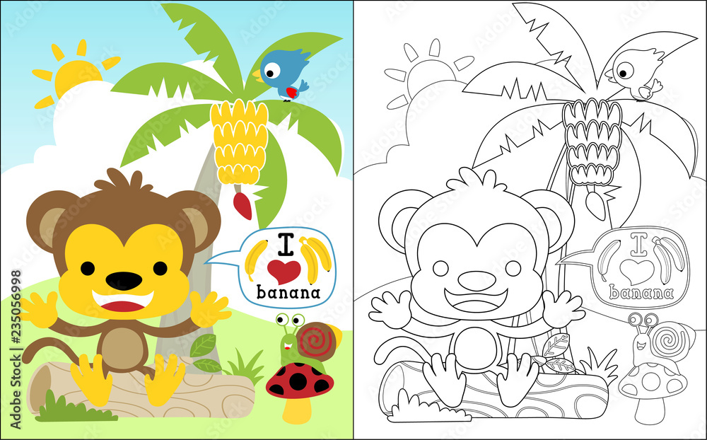 Fototapeta premium coloring book vector of little monkey cartoon with little friends