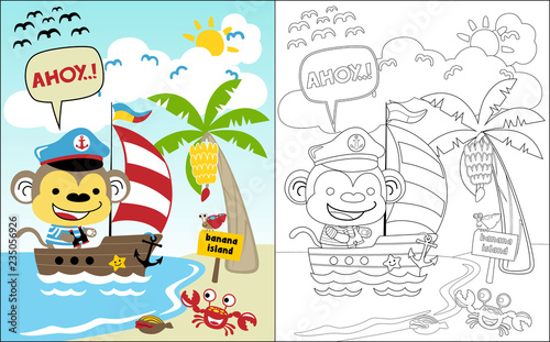 coloring book vector with monkey cartoon on sailboat