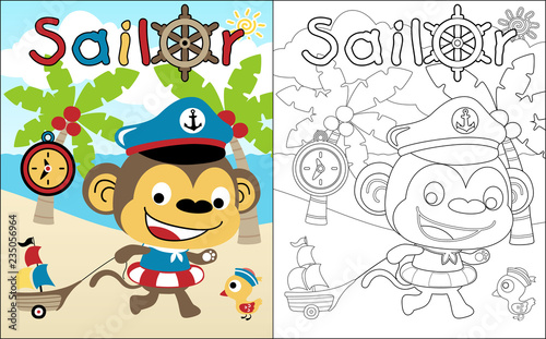 coloring book vector with monkey cartoon playing as a sailor in the beach