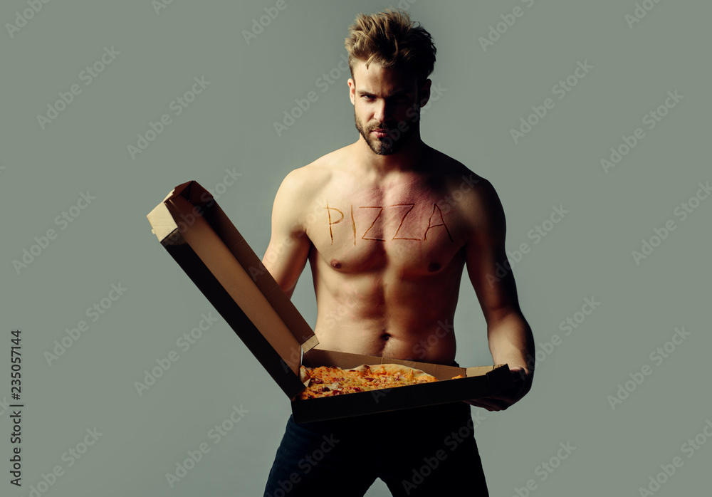Gay with Pizza. Sexy man with pizza box. Pizza delivery concept. Italian  pizzeria. Recipe pizza. Stock Photo | Adobe Stock