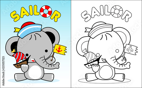 coloring book vector with little elephant cartoon the sailor