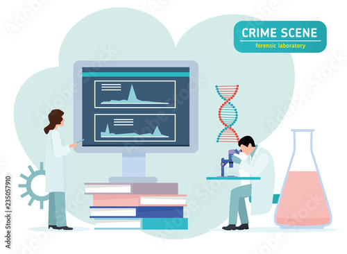 Criminologist laboratory assistant looking through a microscope in a laboratory. forensic laboratory. Crime scene investigation. Forensic examination concept. Flat cartoon vector illustration.