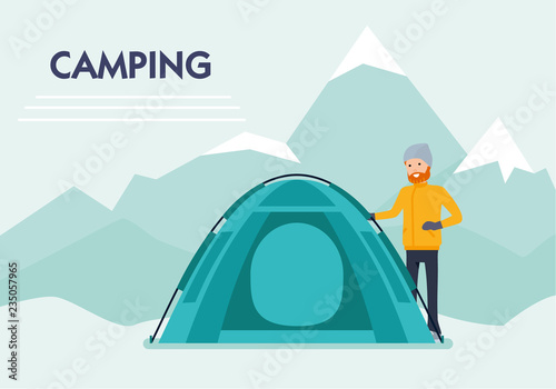 Camp in the mountains. mountain climber. Banner. Flat cartoon illustration vector set. Active sport concept set