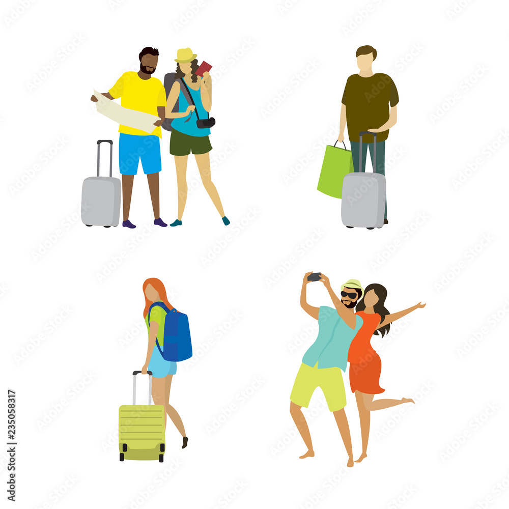 Different people travelers and vacationers with suitcases,cellphones,