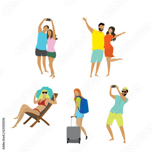 Different people travelers and vacationers with suitcases,cellphones,