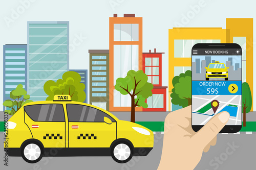 Taxi service on City street,taxi mobile app