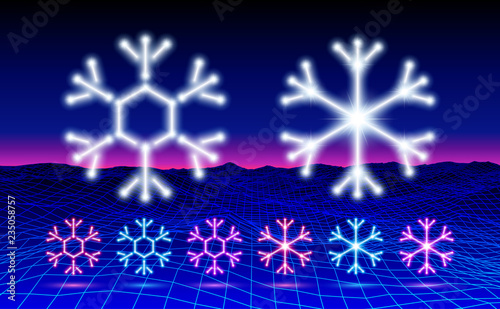 Christmas neon snowflake icon or element for New Years Eve celebration