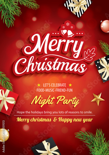 Merry christmas greeting card and party on red background invitation theme concept. Happy holiday design template.