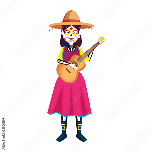 mexica woman with catrina costume and guitar