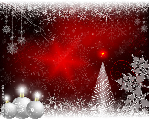 Christmas red background with spruce, snow-white Christmas balls and snowflake.