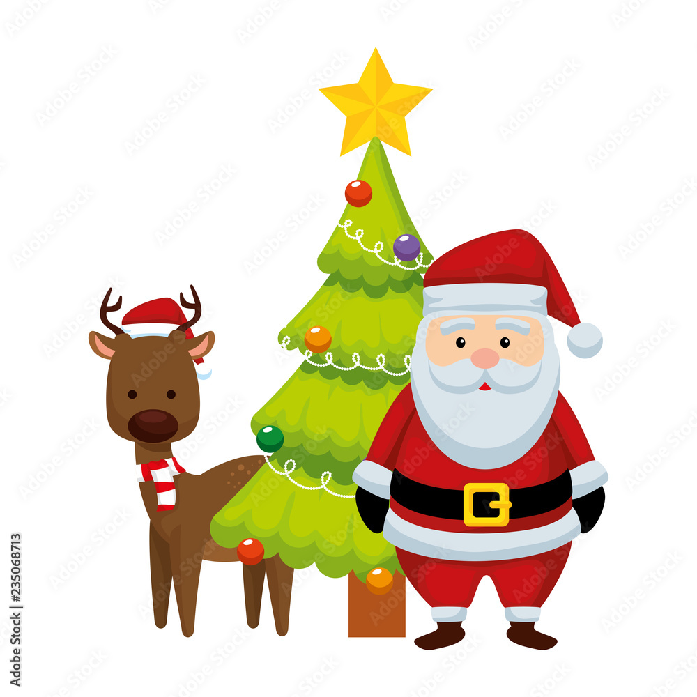 christmas santa claus with reindeer and pine tree christmas santa claus with reindeer and pine tree