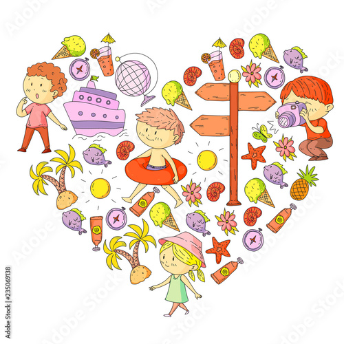 Happy children playing at seashore, beach, sea, ocean. Kids vacation and travelling. Swimming, doodle icons globe, cruise ship, cocktails.