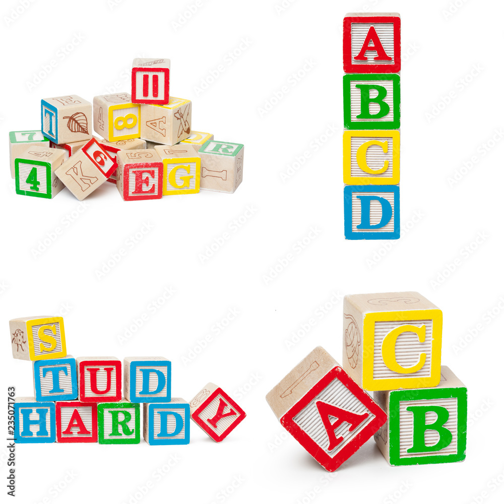 Wooden alphabet blocks isolated on white background