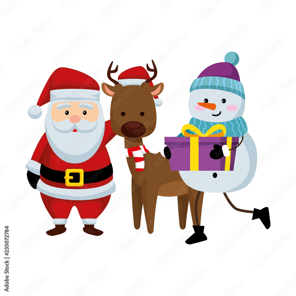 christmas santa claus with reindeer and snowman