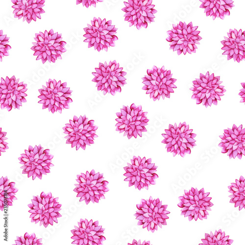 Seamless pattern with bright pink plants on white background. Hand drawn watercolor illustration.