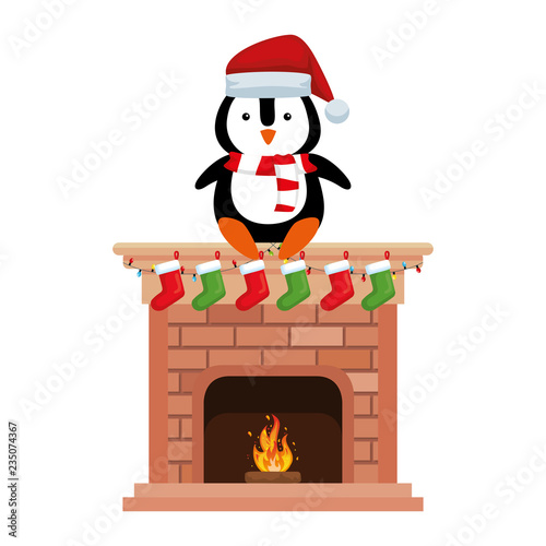 penguin with santa claus hat in chimney