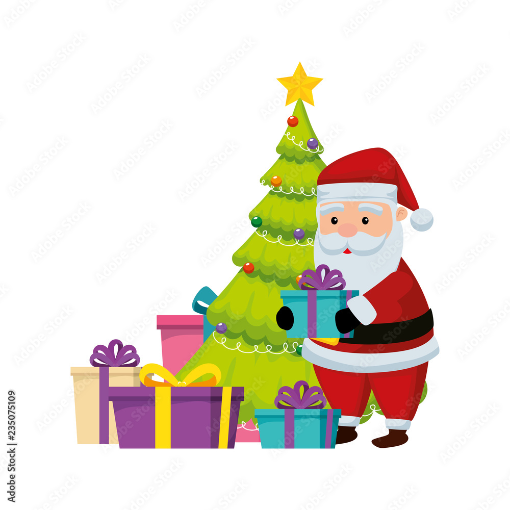 Naklejka premium santa claus with gifts and tree pine
