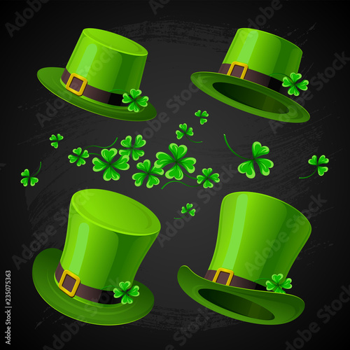 Illusrtation - Saint Patrick's day. Leprechaun's hat and Clover design elements on black hand drawn background. 