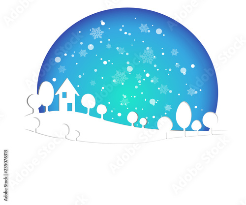 Merry Christmas and Happy New Year 2019 of snowy home town with typography font message. Blue color Paper art and digital craft Illustration  celebrate invitation wallpaper card. Holiday winter