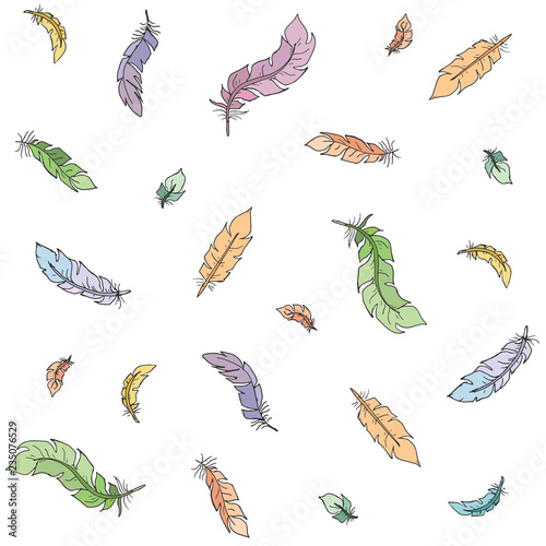 Flat style color bird feathers on light background seamless vector. Decoration pastel elements on white background.