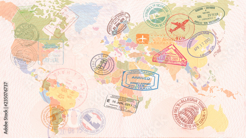 World map with Visas, Stamps, Seals. Travel concept
